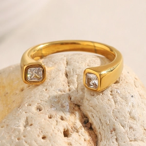Minimalist 18K gold plated stainless steel open ring with two square cubic zirconia stones