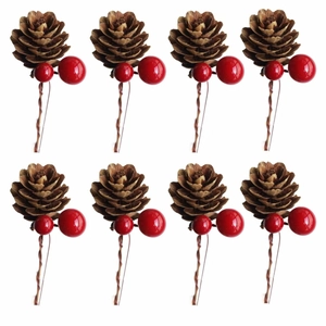 Christmas Pine Cone Picks Ornaments Artificial Red Berries Natural Pinecones For Tree Wreath DIY Gift Box Decoration