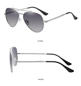 Dual-view display of classic silver metal aviator sunglasses with polarized grey lenses