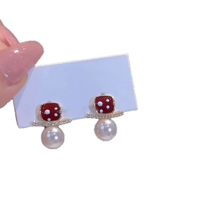 18K gold plated square red polka dot enamel earrings with dangling white pearl