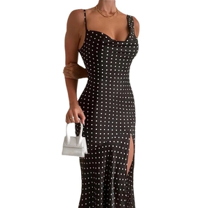 Polka dot cowl neck slip dress with a high side slit and open back for summer wear