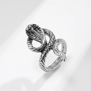 Polished silver cobra snake ring for men with adjustable band and detailed scale texture