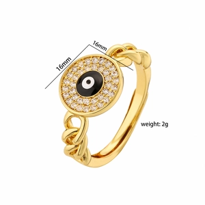 Detail showing a 16mm evil eye ring with chain band and 2g product weight metrics