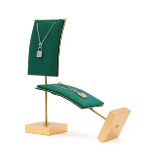 Green microfiber velvet and gold metal jewelry display stand for necklaces and pendants