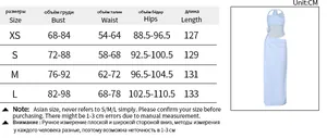 Detailed size chart for the blue cut-out evening dress with XS to L measurements