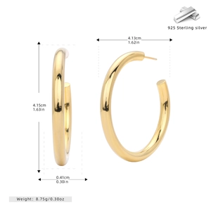 Detailed size chart and weight of large 925 sterling silver golden C-shaped hoop earrings