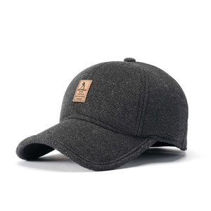 Dunkelgraue Winter-Baseballkappe für Herren aus Wollmischung mit Ohrenschutz und Lederpatch