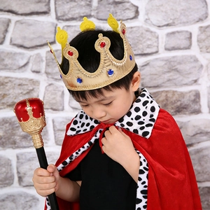 Kids King Costume Set with red velvet cape, gold crown and scepter for Halloween cosplay