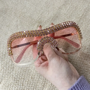 Pink gradient oversized sunglasses with rhinestone-encrusted rose gold punk metal frames