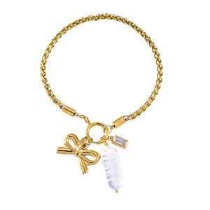 Golden stainless steel bow bracelet with baroque pearl and square zircon charms on white background