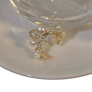 Elegant gold celestial open ring with zircon moon star pattern and delicate pearls