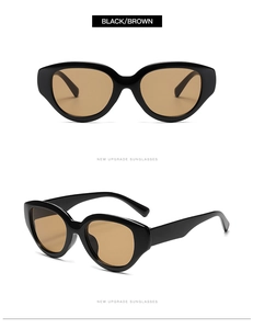 Detail view of glossy black cat-eye sunglasses with premium brown lenses in two angles