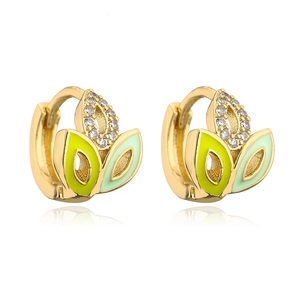 18K gold plated hoop earrings with green enamel leaves and sparkling zircon stones