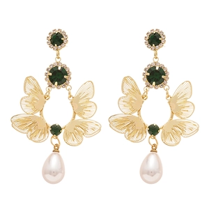 Vintage gold butterfly earrings with green emerald stones and white pearl drops