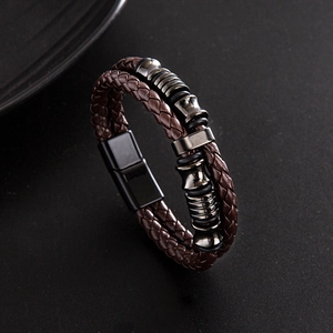 Men's double-layered dark brown braided leather bracelet with magnetic steel clasp