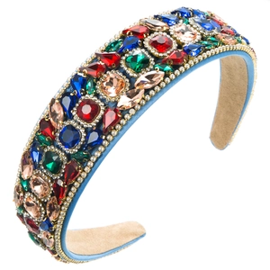 Cerchietto largo barocco vintage con cristalli colorati su base in tessuto blu
