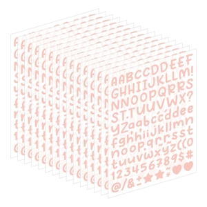 Detailed set of 12 pink alphabet stickers with letters and numbers on white background
