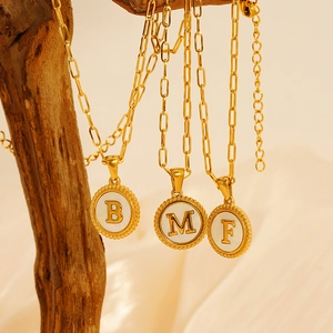 18K gold plated stainless steel initial necklaces with white shell inlay on wooden branch