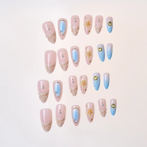 French ocean wave gradient almond fake nails with 3D shell relief and pearl accents