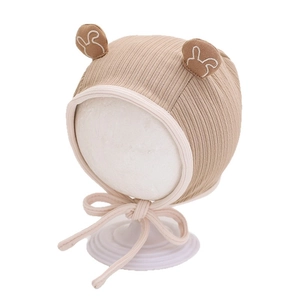Bonnet bébé protège-oreilles avec oreilles de lapin et lacets en coton côtelé marron clair