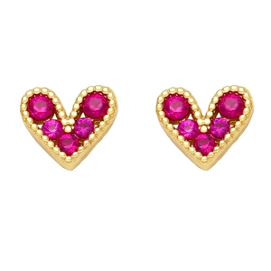 Mini gold heart studs with magenta cubic zirconia and beaded edge on white background
