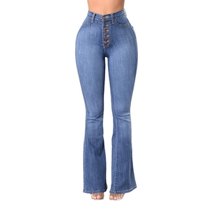 High waisted flared jeans with five-button fly and elastic denim fabric in classic blue