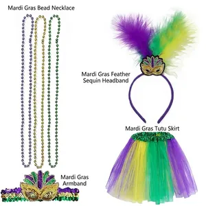 Detail of Mardi Gras party set with purple green and gold sequin headband and tutu