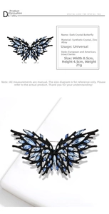 Detailed view of dark crystal butterfly brooch with synthetic blue stones and dimensions