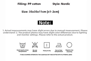 Specifications of Nordic velvet cushion 35x35x11cm with PP cotton filling and care icons