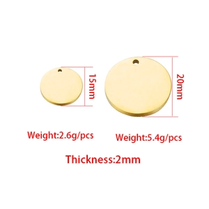 Polished gold round pet tags in 15mm and 20mm diameter with 2mm thickness specs