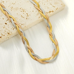 Three-tone braided titanium steel herringbone necklace in gold silver and rose gold finishes