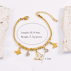Detailed view of golden butterfly bracelet dimensions and specifications with zircon accents