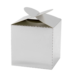 Vue détaillée du coffret cadeau cube argent miroir avec fermeture papillon croisée