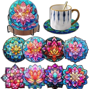 DIY Diamond Painting Coasters set with Lotus mandala designs and black metal holder