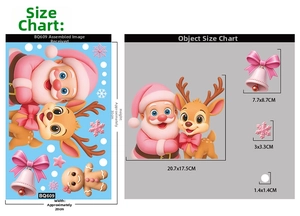 Detailed size chart for pink Christmas window stickers with Santa, reindeer and snowflakes