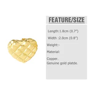 Detail view showing 1.8cm length and 2.0cm width of 18k gold plated heart stud earrings