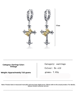 Close-up of vintage Thai silver cross earrings with golden crown and dimension 44mm