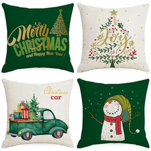 Set of four Christmas pillow covers with gnome and bell designs in linen texture