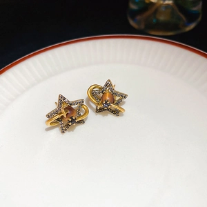Macro shot of vintage star studs with black crystals and brown beads on ceramic