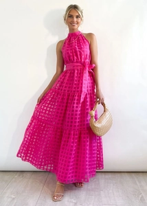 Detail of rose pink halter neck maxi dress with plaid texture and waist tie