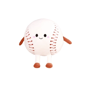 Cute round baseball plush doll with red stitching and smiling face on white background