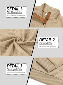 Detail of khaki knit pullover showing neckline texture, fabric weave, and stitching quality