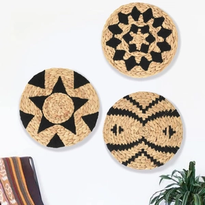Set of three Nordic handmade woven straw wall hanging ornaments with geometric patterns