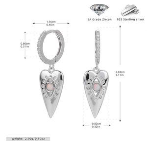 Detailed size chart for 925 sterling silver hoop earrings with zircon heart charm