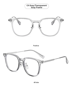 Front and 45-degree side view of grey square frame glasses with metal temples