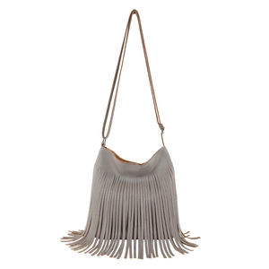 Gray bohemian fringe bucket bag with adjustable brown shoulder strap and pebbled leather texture