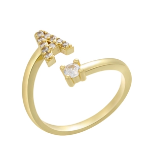 Macro view of adjustable gold-tone letter A ring with pavé cubic zirconia and round stone