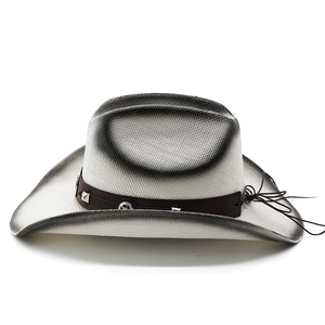 Détail d'un chapeau de cow-boy en paille avec bande en cuir et étoiles en métal