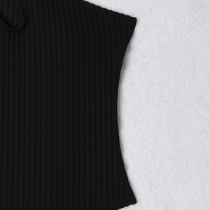 Macro detail of black ribbed knit fabric showing the fine texture and elastic properties