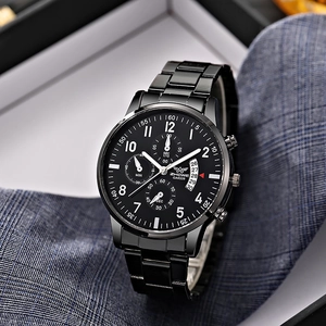 Macro shot of black stainless steel chronograph watch with date display and sub-dials